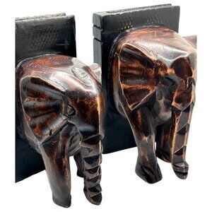 Vintage Hand-Carved Wooden Elephant Bookends Decor Display Safari Zoo Theme